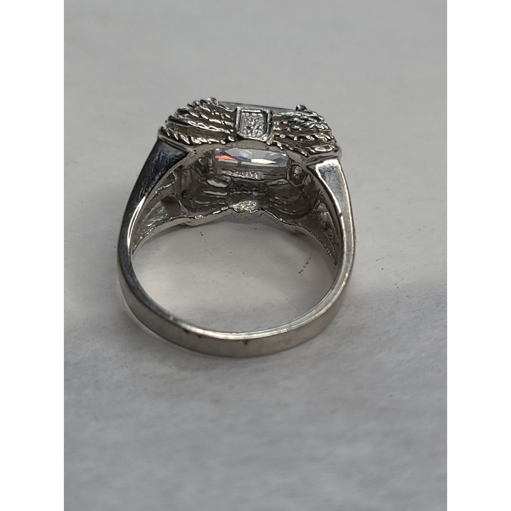 Vintage Silvertone Fashion Ring With Large Clear Square Stone & Intricate Detail - Picture 3 of 7
